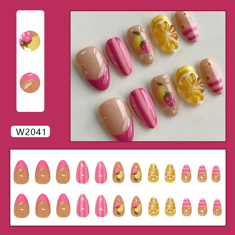 24pcs Fresh Flower Print Press on Nails Short French Almond False Nail Tips Wearable Reusable European Ins Simple Fake Nails