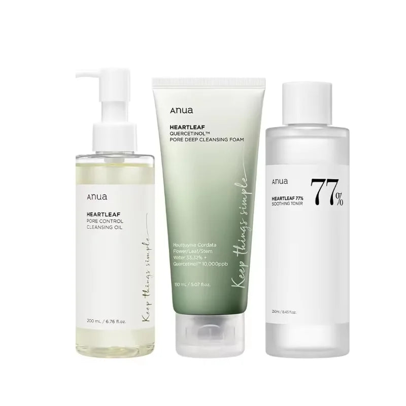 Coffret de produits de soins coréens ANUA Heartleaf Set 77 : Tonique apaisant pour l'acné, lotion quotidienne, mousse nettoyante profonde et huile nettoyante pour le visage