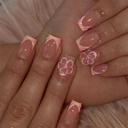 24Pcs Sweet Medium Square False Nails with Glue Blush Pink Flowers Fake Nails Full Cover French Acrylic Press on Nails for Girls