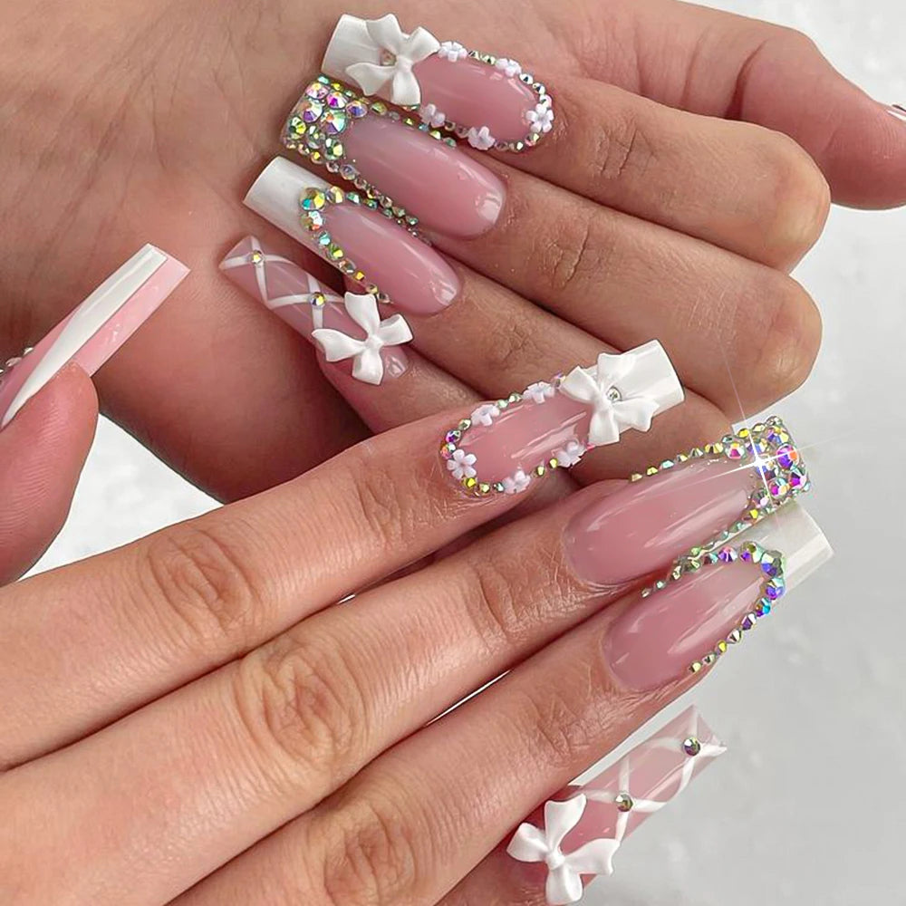 24Pcs Retro Flower Long Coffin French Fake Nails Caviar Bead Floral Gold Hollow Design Press On Nail Tips Y2k Acrylic False Nail