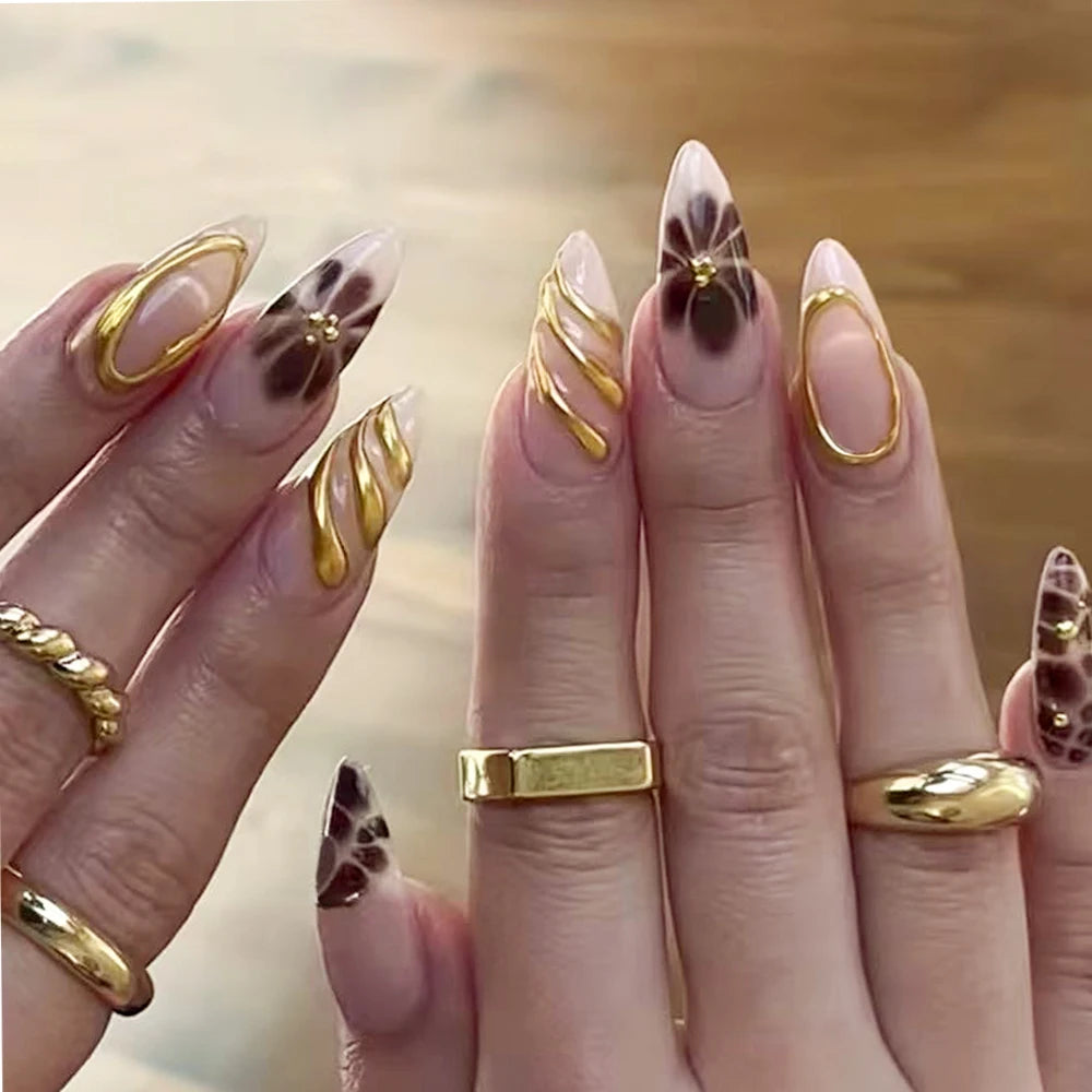 24Pcs Retro Flower Long Coffin French Fake Nails Caviar Bead Floral Gold Hollow Design Press On Nail Tips Y2k Acrylic False Nail