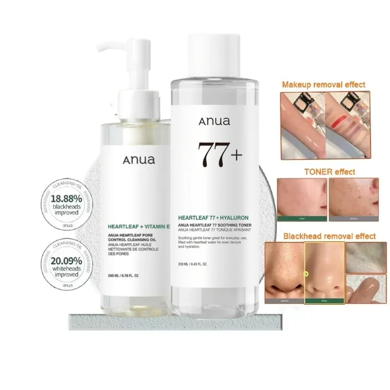 Coffret de produits de soins coréens ANUA Heartleaf Set 77 : Tonique apaisant pour l'acné, lotion quotidienne, mousse nettoyante profonde et huile nettoyante pour le visage