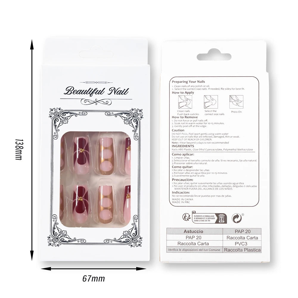 24Pcs Retro Flower Long Coffin French Fake Nails Caviar Bead Floral Gold Hollow Design Press On Nail Tips Y2k Acrylic False Nail