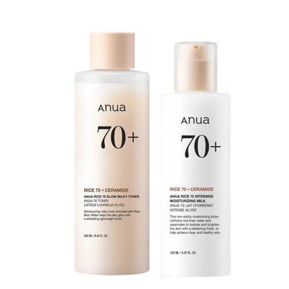 Coffret de soins coréens ANUA Riz 70 Tonique Lacté Éclat, Lait Hydratant Intensif, Hydratant & Nourrissant, Soin Barrière 2 pièces