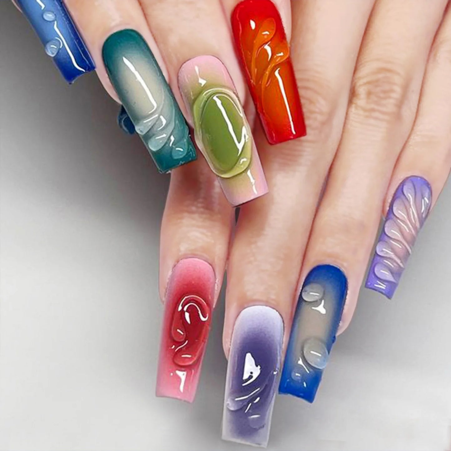 24pcs Long Ballerina Fake Nails 3d Flowers Decor Green French Press on Nails Full Cover Wearable European Spice Girl False Nails