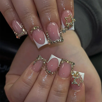 24Pcs Sweet Medium Square False Nails with Glue Blush Pink Flowers Fake Nails Full Cover French Acrylic Press on Nails for Girls