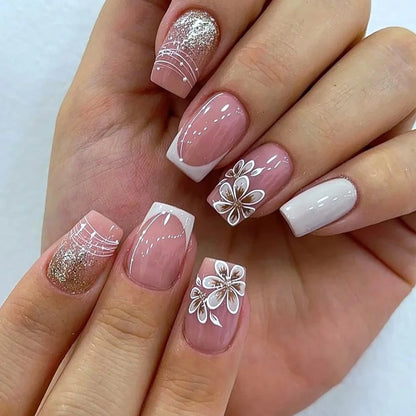 24Pcs Sweet Medium Square False Nails with Glue Blush Pink Flowers Fake Nails Full Cover French Acrylic Press on Nails for Girls