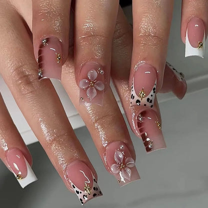 24Pcs Sweet Medium Square False Nails with Glue Blush Pink Flowers Fake Nails Full Cover French Acrylic Press on Nails for Girls