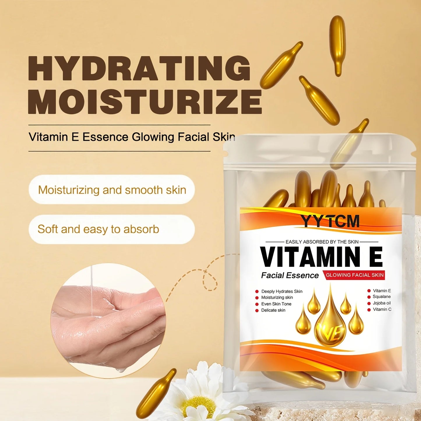 Vitamin E Deep Moisturizing Capsule Essence, Hydrates and Smooths Skin, Contains Plant-Based Squalane, Vitamin C, Deep Hydration and Skin-Brightening Essence (0.4Gx30 Capsules)/Bag-1 Bag