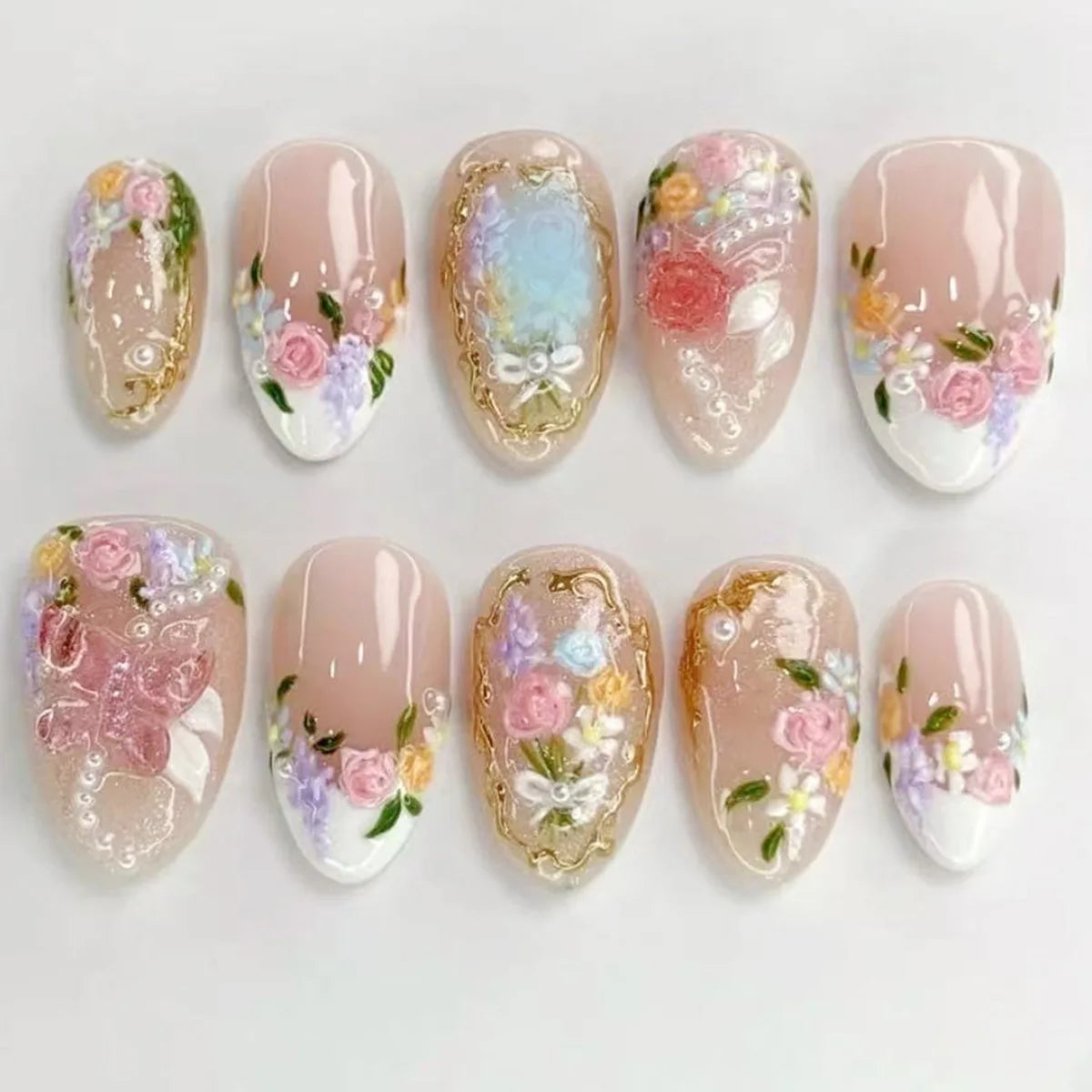 24pcs Fresh Flower Print Press on Nails Short French Almond False Nail Tips Wearable Reusable European Ins Simple  Fake Nails