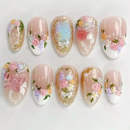 24pcs Fresh Flower Print Press on Nails Short French Almond False Nail Tips Wearable Reusable European Ins Simple  Fake Nails