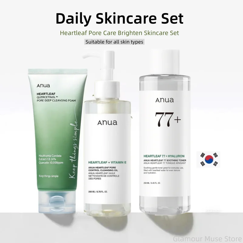 Coffret de produits de soins coréens ANUA Heartleaf Set 77 : Tonique apaisant pour l'acné, lotion quotidienne, mousse nettoyante profonde et huile nettoyante pour le visage