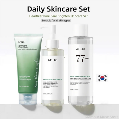 Coffret de produits de soins coréens ANUA Heartleaf Set 77 : Tonique apaisant pour l'acné, lotion quotidienne, mousse nettoyante profonde et huile nettoyante pour le visage