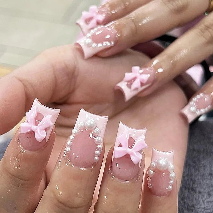 24Pcs Sweet Medium Square False Nails with Glue Blush Pink Flowers Fake Nails Full Cover French Acrylic Press on Nails for Girls