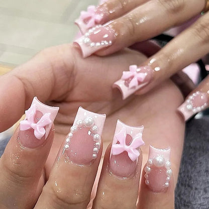 24Pcs Sweet Medium Square False Nails with Glue Blush Pink Flowers Fake Nails Full Cover French Acrylic Press on Nails for Girls