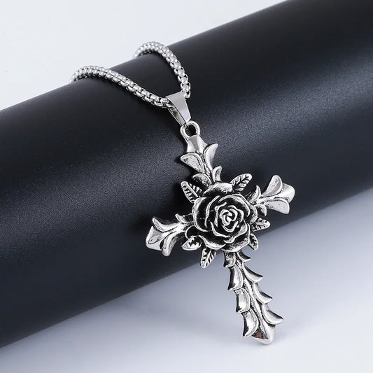1Pcs Collar Hombre Vintage Jewelry Necklace for Women Men Stainless Steel Chain Rose Cross Pendent Unisex Collier Accessories