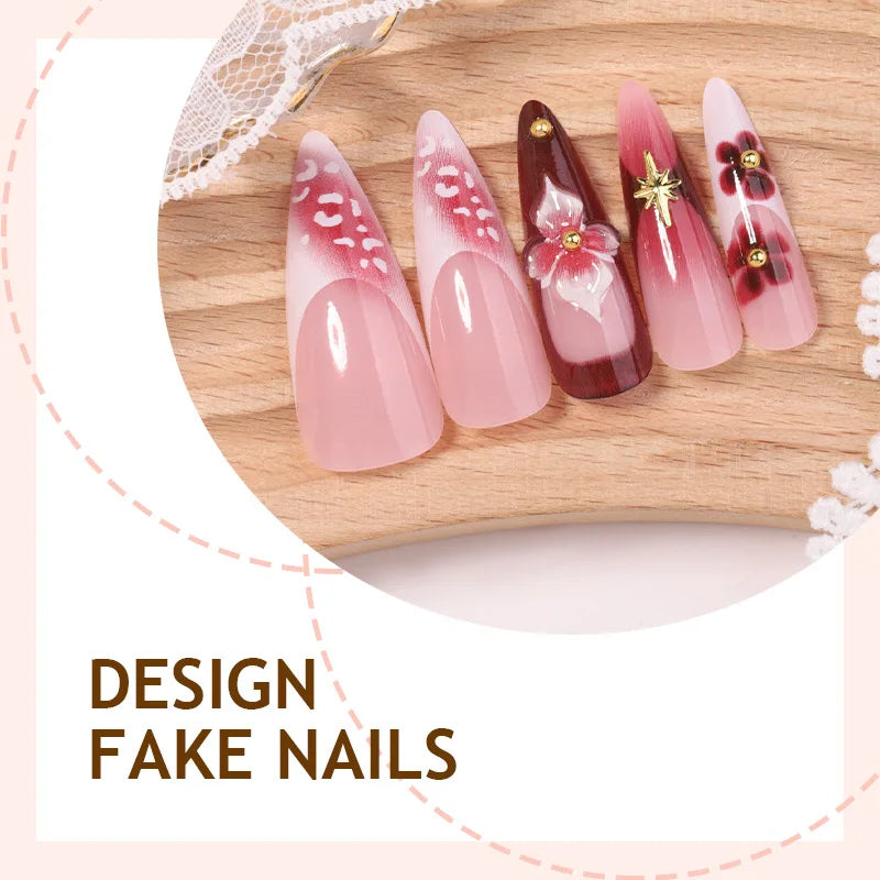 24pcs French Almond Press on Nails Flower Pattern False Nails Wearable Stick-on Nails Fake Nail Накладные Ногти Faux Ongles 네일팁
