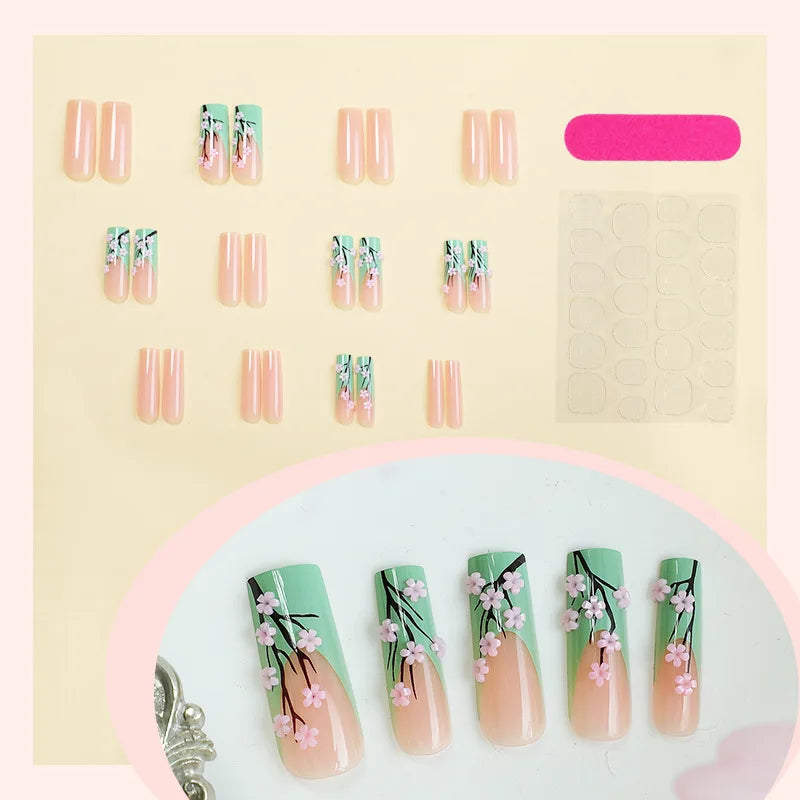 24pcs Long Ballerina Fake Nails 3d Flowers Decor Green French Press on Nails Full Cover Wearable European Spice Girl False Nails