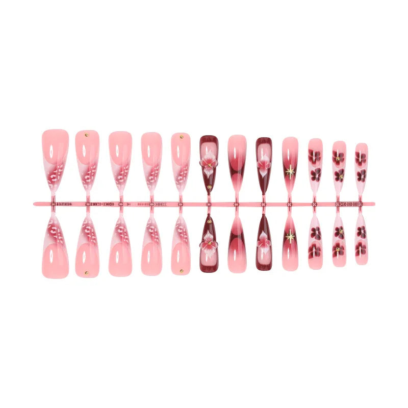 24pcs French Almond Press on Nails Flower Pattern False Nails Wearable Stick-on Nails Fake Nail Накладные Ногти Faux Ongles 네일팁