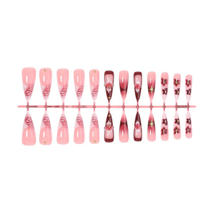 24pcs French Almond Press on Nails Flower Pattern False Nails Wearable Stick-on Nails Fake Nail Накладные Ногти Faux Ongles 네일팁