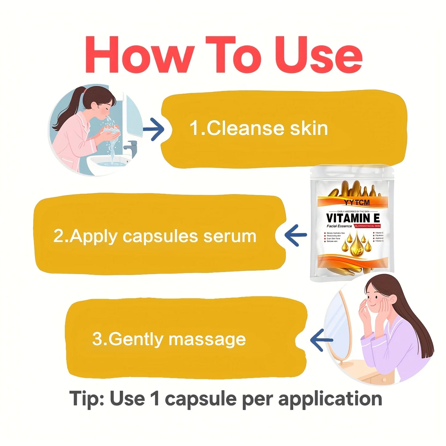 Vitamin E Deep Moisturizing Capsule Essence, Hydrates and Smooths Skin, Contains Plant-Based Squalane, Vitamin C, Deep Hydration and Skin-Brightening Essence (0.4Gx30 Capsules)/Bag-1 Bag