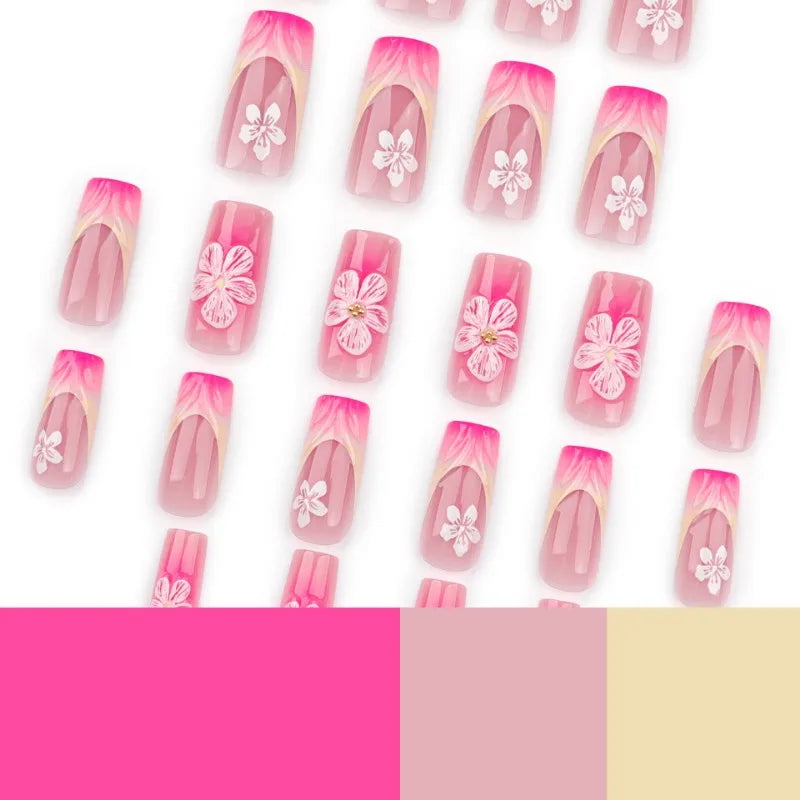 24Pcs Sweet Medium Square False Nails with Glue Blush Pink Flowers Fake Nails Full Cover French Acrylic Press on Nails for Girls