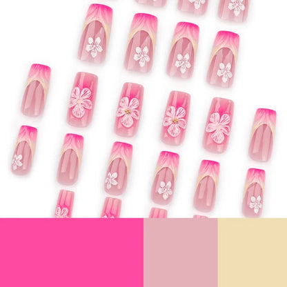 24Pcs Sweet Medium Square False Nails with Glue Blush Pink Flowers Fake Nails Full Cover French Acrylic Press on Nails for Girls