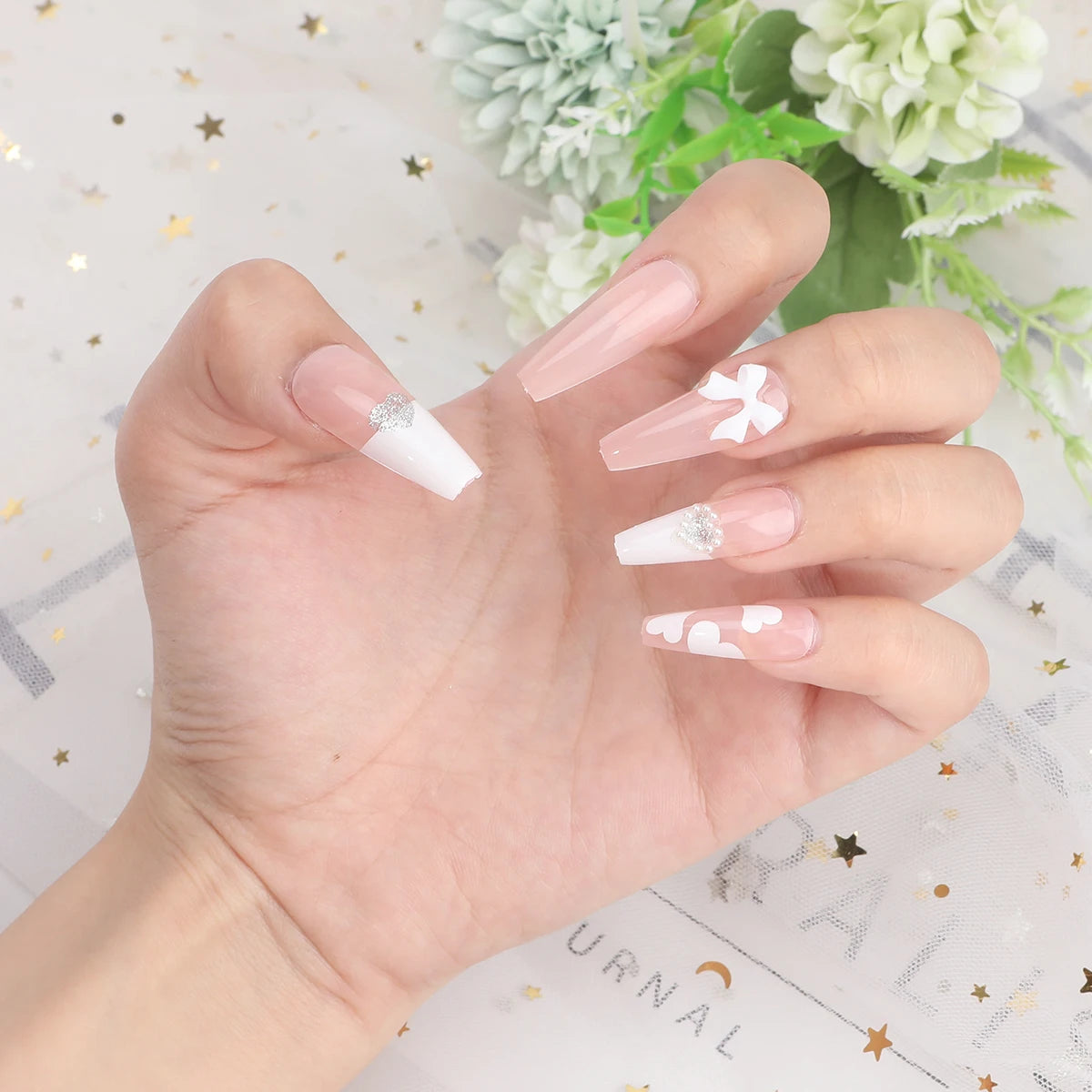 24pcs Long Ballerina Fake Nails 3d Flowers Decor Green French Press on Nails Full Cover Wearable European Spice Girl False Nails