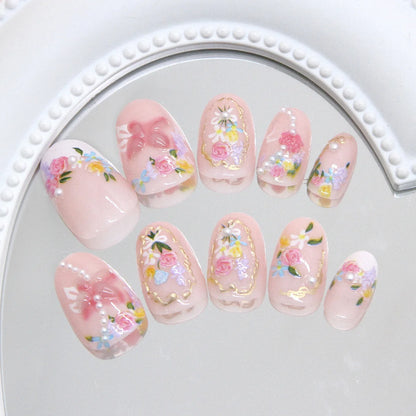 24pcs Fresh Flower Print Press on Nails Short French Almond False Nail Tips Wearable Reusable European Ins Simple  Fake Nails