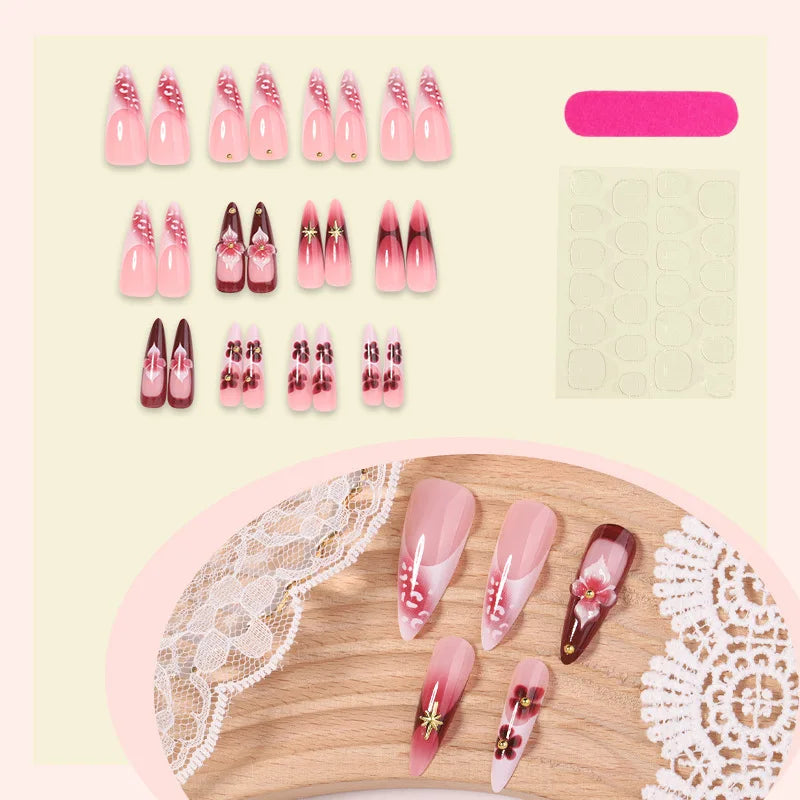 24pcs French Almond Press on Nails Flower Pattern False Nails Wearable Stick-on Nails Fake Nail Накладные Ногти Faux Ongles 네일팁