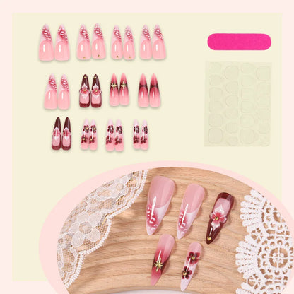 24pcs French Almond Press on Nails Flower Pattern False Nails Wearable Stick-on Nails Fake Nail Накладные Ногти Faux Ongles 네일팁