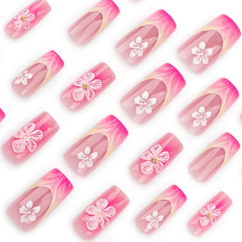24Pcs Sweet Medium Square False Nails with Glue Blush Pink Flowers Fake Nails Full Cover French Acrylic Press on Nails for Girls
