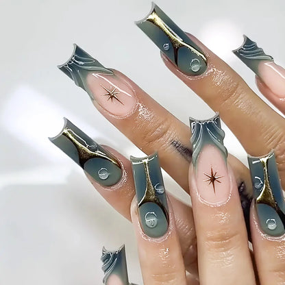 24pcs Long Ballerina Fake Nails 3d Flowers Decor Green French Press on Nails Full Cover Wearable European Spice Girl False Nails