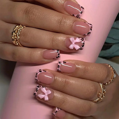 24Pcs Sweet Medium Square False Nails with Glue Blush Pink Flowers Fake Nails Full Cover French Acrylic Press on Nails for Girls