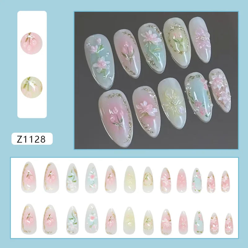 24pcs Fresh Flower Print Press on Nails Short French Almond False Nail Tips Wearable Reusable European Ins Simple  Fake Nails
