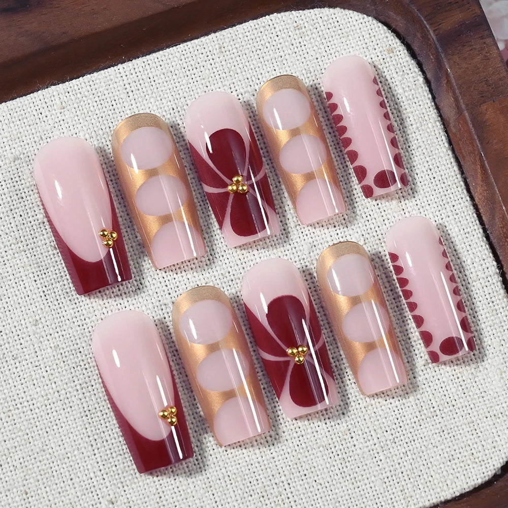 24Pcs Retro Flower Long Coffin French Fake Nails Caviar Bead Floral Gold Hollow Design Press On Nail Tips Y2k Acrylic False Nail