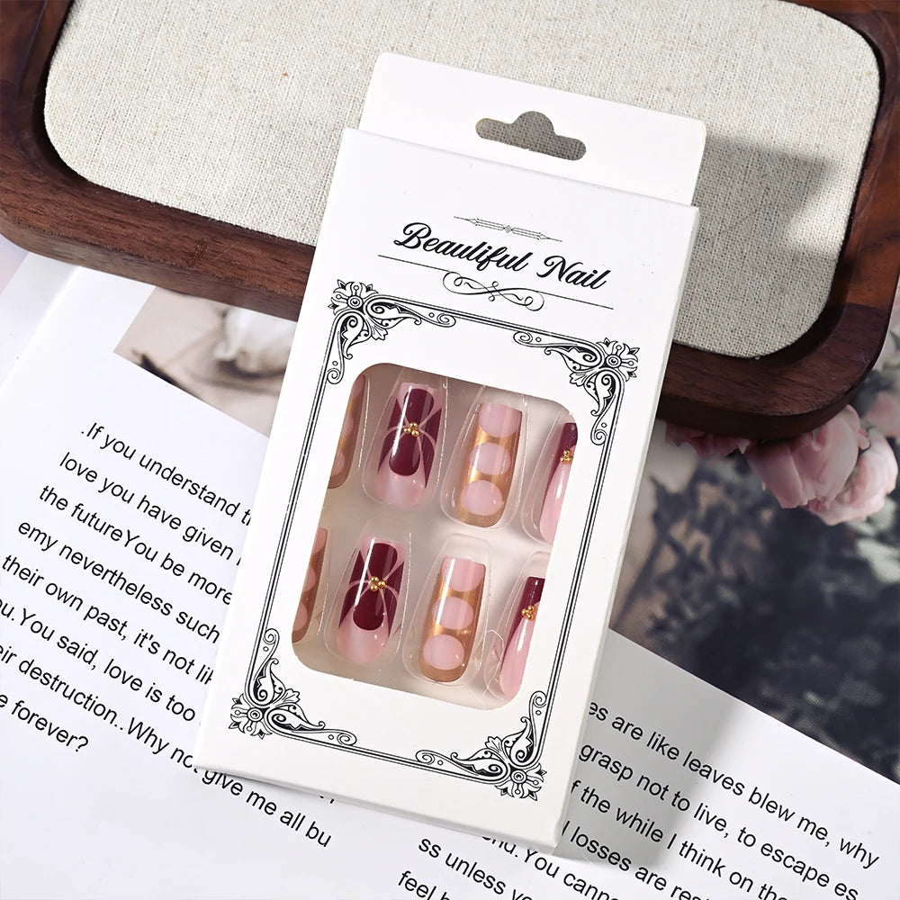 24Pcs Retro Flower Long Coffin French Fake Nails Caviar Bead Floral Gold Hollow Design Press On Nail Tips Y2k Acrylic False Nail