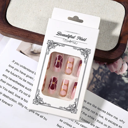 24Pcs Retro Flower Long Coffin French Fake Nails Caviar Bead Floral Gold Hollow Design Press On Nail Tips Y2k Acrylic False Nail