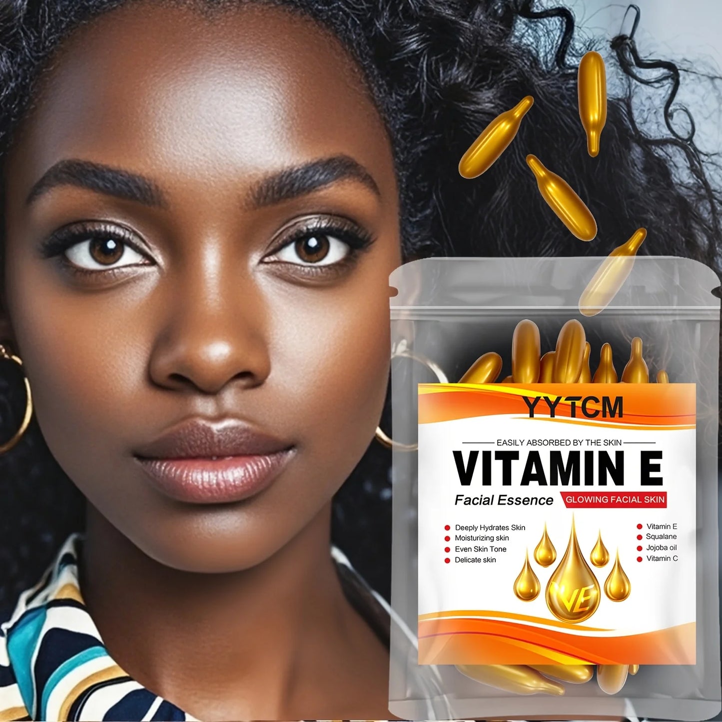 Vitamin E Deep Moisturizing Capsule Essence, Hydrates and Smooths Skin, Contains Plant-Based Squalane, Vitamin C, Deep Hydration and Skin-Brightening Essence (0.4Gx30 Capsules)/Bag-1 Bag