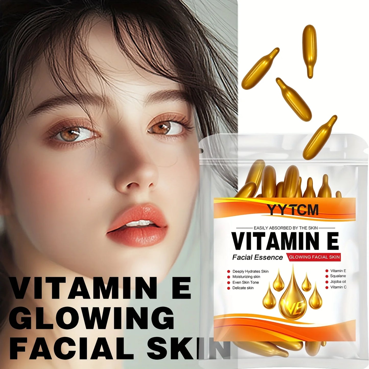 Vitamin E Deep Moisturizing Capsule Essence, Hydrates and Smooths Skin, Contains Plant-Based Squalane, Vitamin C, Deep Hydration and Skin-Brightening Essence (0.4Gx30 Capsules)/Bag-1 Bag