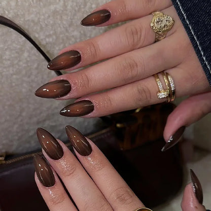 24pcs French Almond Press on Nails Flower Pattern False Nails Wearable Stick-on Nails Fake Nail Накладные Ногти Faux Ongles 네일팁