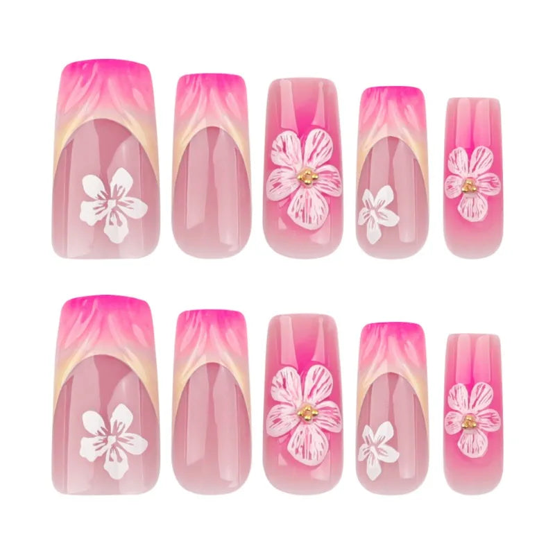 24Pcs Sweet Medium Square False Nails with Glue Blush Pink Flowers Fake Nails Full Cover French Acrylic Press on Nails for Girls