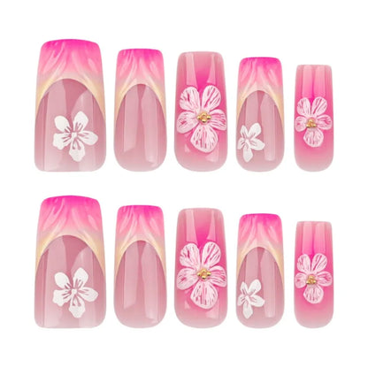 24Pcs Sweet Medium Square False Nails with Glue Blush Pink Flowers Fake Nails Full Cover French Acrylic Press on Nails for Girls