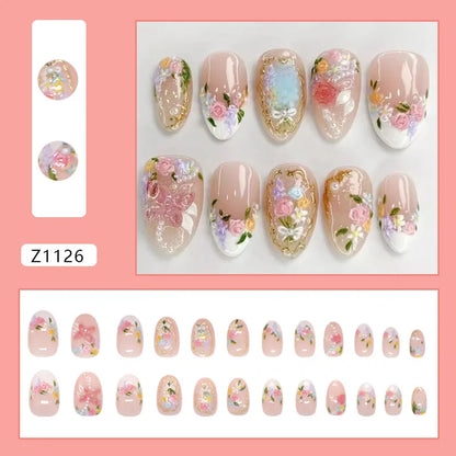 24pcs Fresh Flower Print Press on Nails Short French Almond False Nail Tips Wearable Reusable European Ins Simple  Fake Nails