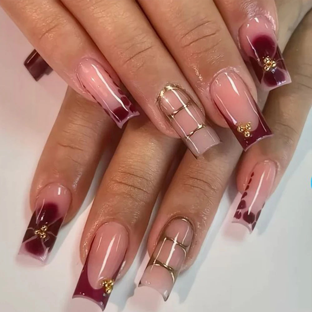 24Pcs Retro Flower Long Coffin French Fake Nails Caviar Bead Floral Gold Hollow Design Press On Nail Tips Y2k Acrylic False Nail