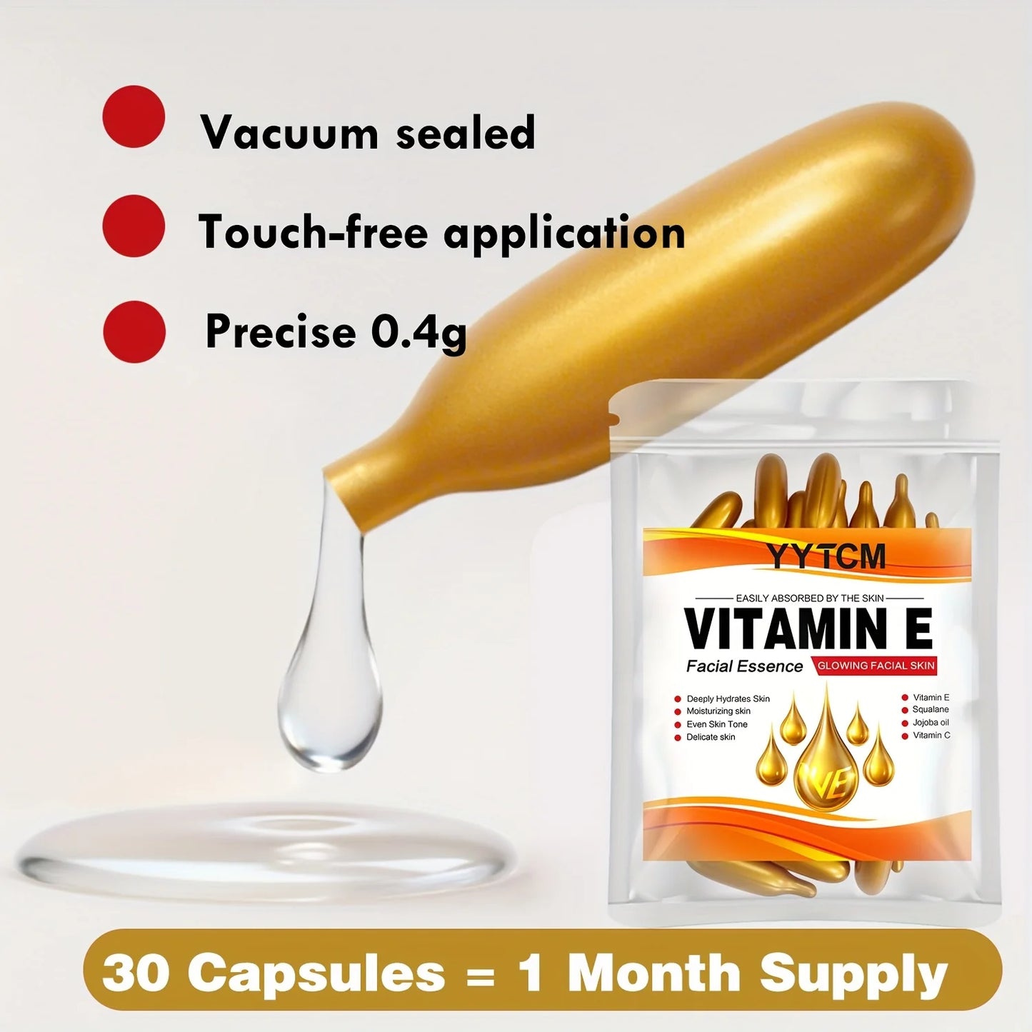 Vitamin E Deep Moisturizing Capsule Essence, Hydrates and Smooths Skin, Contains Plant-Based Squalane, Vitamin C, Deep Hydration and Skin-Brightening Essence (0.4Gx30 Capsules)/Bag-1 Bag