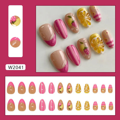 24pcs Fresh Flower Print Press on Nails Short French Almond False Nail Tips Wearable Reusable European Ins Simple  Fake Nails