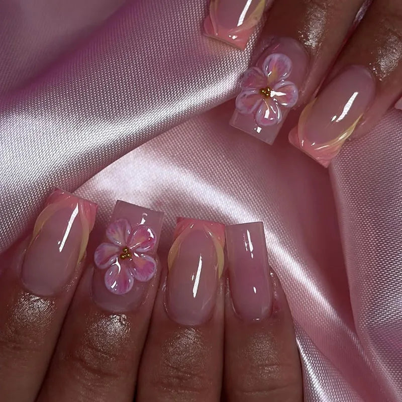 24Pcs Sweet Medium Square False Nails with Glue Blush Pink Flowers Fake Nails Full Cover French Acrylic Press on Nails for Girls