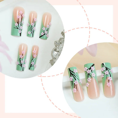 24pcs Long Ballerina Fake Nails 3d Flowers Decor Green French Press on Nails Full Cover Wearable European Spice Girl False Nails