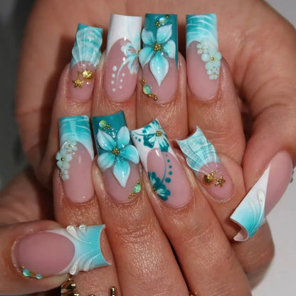 24Pcs Sweet Medium Square False Nails with Glue Blush Pink Flowers Fake Nails Full Cover French Acrylic Press on Nails for Girls